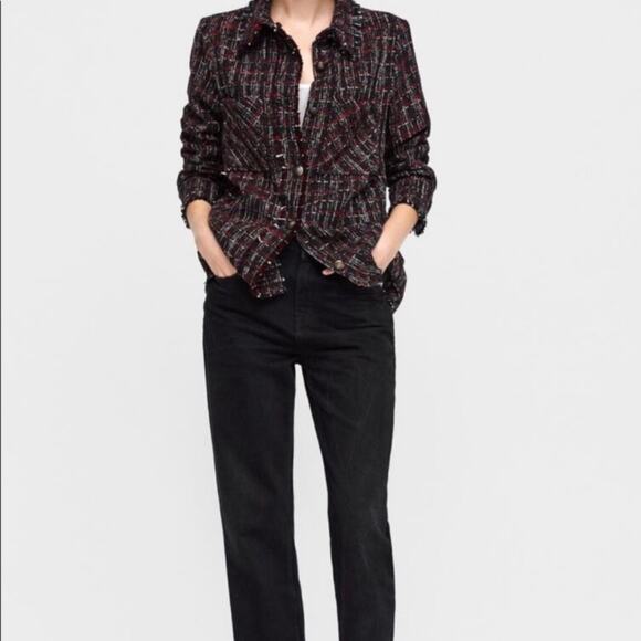 Zara Tweed Shacket Black Red Shirt Jacket Fringe Preppy Boho Contemporary Size S - Picture 15 of 15